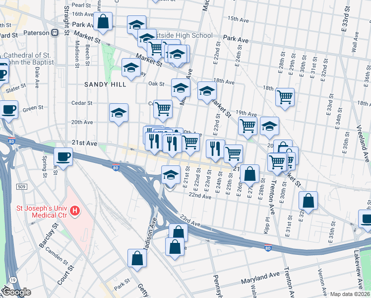 map of restaurants, bars, coffee shops, grocery stores, and more near 306 East 21st Street in Paterson