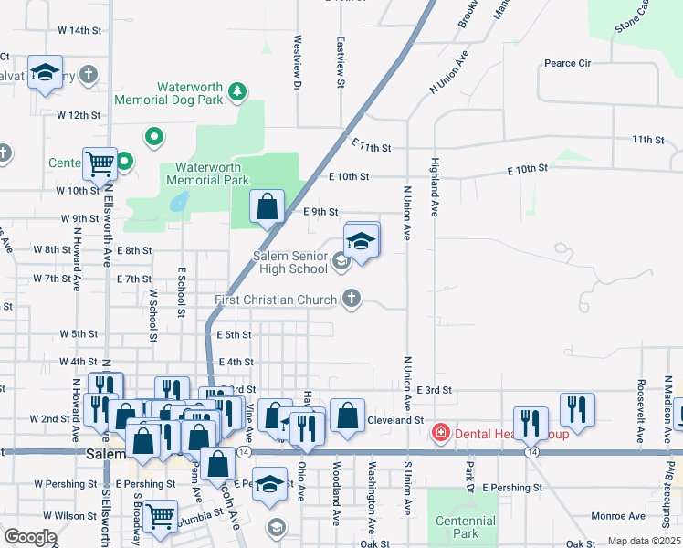 map of restaurants, bars, coffee shops, grocery stores, and more near 1200 East 6th Street in Salem