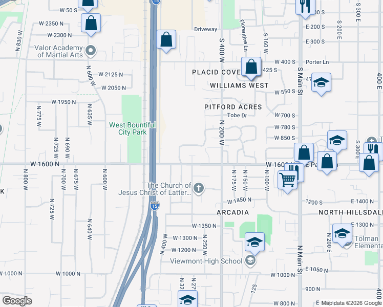 map of restaurants, bars, coffee shops, grocery stores, and more near 303 Pages Place Drive in Bountiful