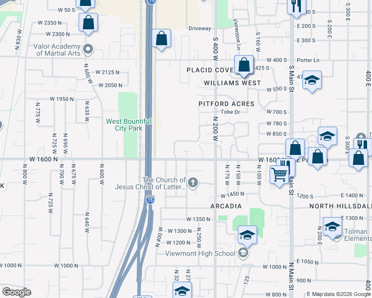 map of restaurants, bars, coffee shops, grocery stores, and more near 328 West Pages Lane in Bountiful