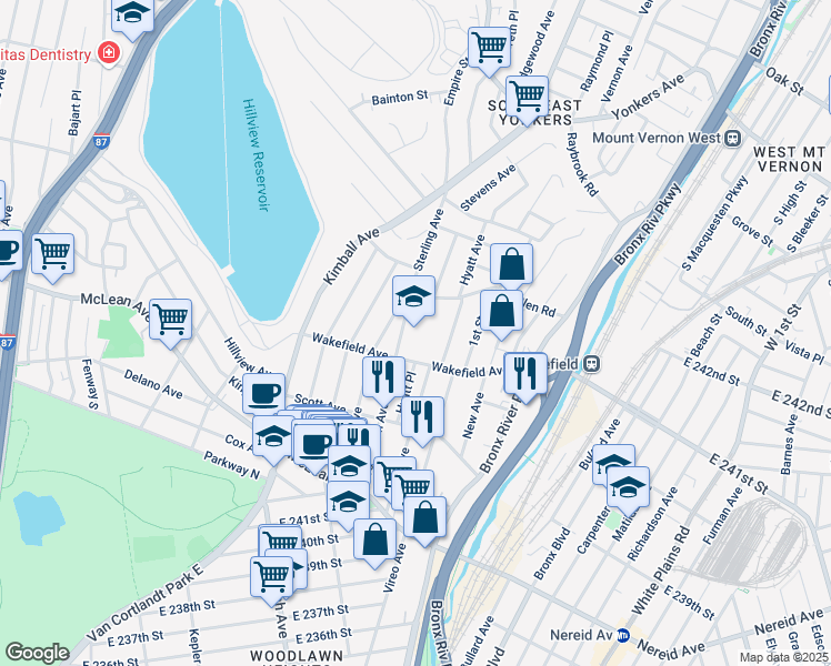 map of restaurants, bars, coffee shops, grocery stores, and more near 160 Woodlawn Avenue in Yonkers
