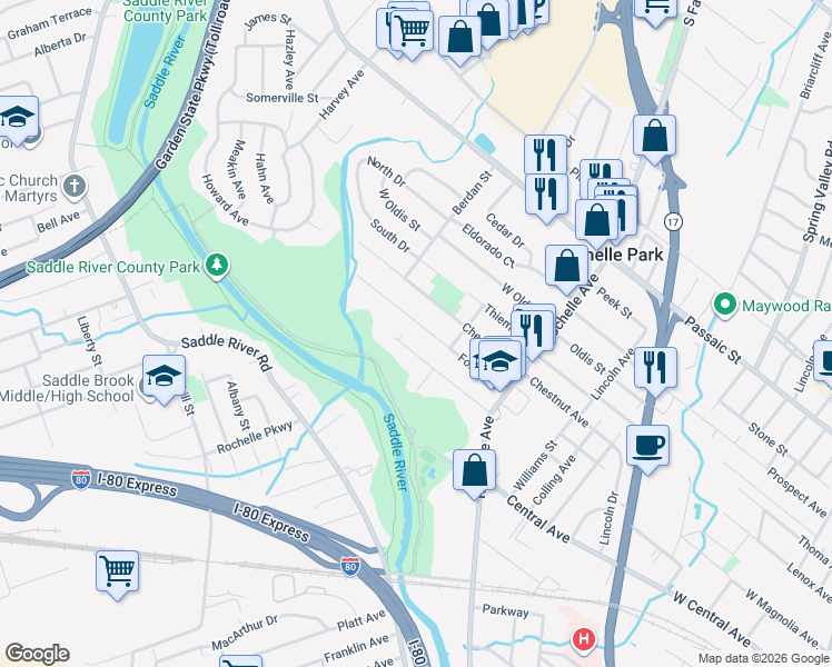 map of restaurants, bars, coffee shops, grocery stores, and more near 95 Chestnut Street in Rochelle Park