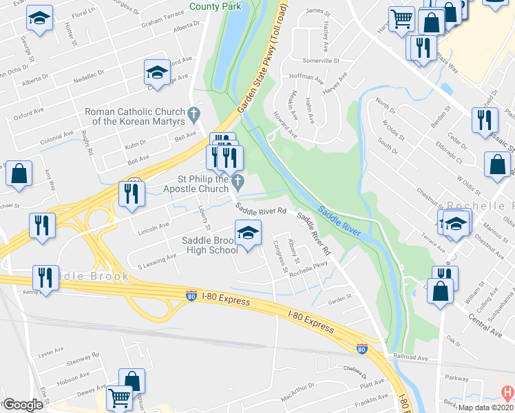 map of restaurants, bars, coffee shops, grocery stores, and more near 440 Saddle River Road in Saddle Brook