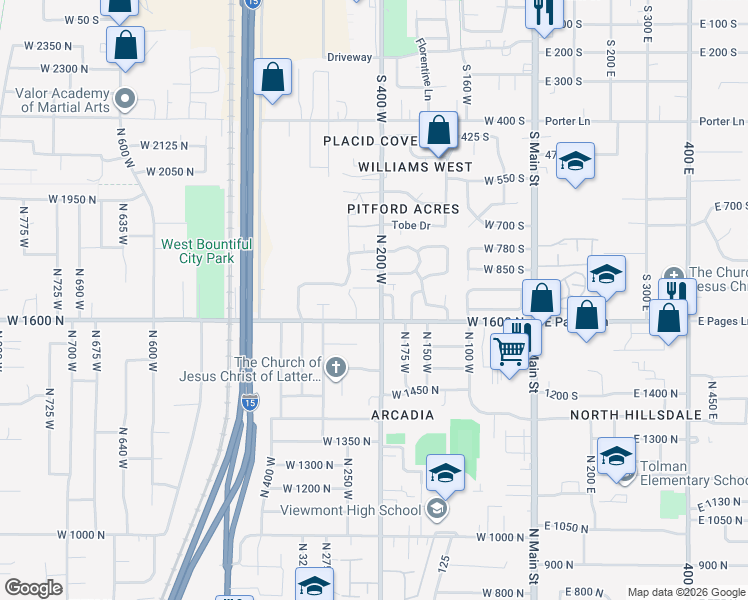map of restaurants, bars, coffee shops, grocery stores, and more near 1728 Pages Place Drive in Bountiful