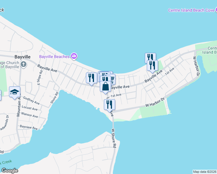 map of restaurants, bars, coffee shops, grocery stores, and more near 11 Sound Beach Road in Bayville