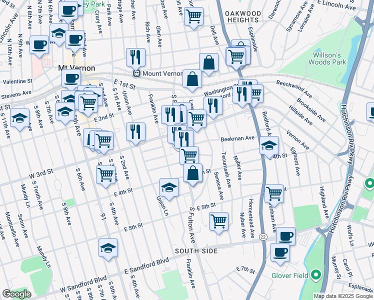 map of restaurants, bars, coffee shops, grocery stores, and more near 7 Beekman Avenue in Mount Vernon