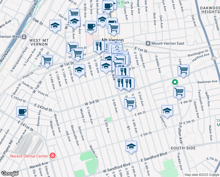 map of restaurants, bars, coffee shops, grocery stores, and more near 121 South 6th Avenue in Mount Vernon