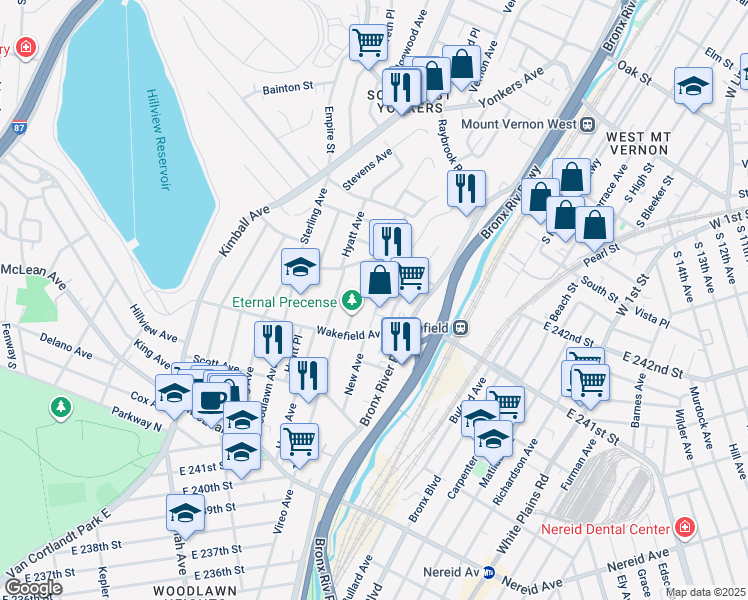 map of restaurants, bars, coffee shops, grocery stores, and more near 57 Hart Avenue in Yonkers