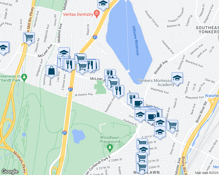 map of restaurants, bars, coffee shops, grocery stores, and more near 776 McLean Avenue in Yonkers
