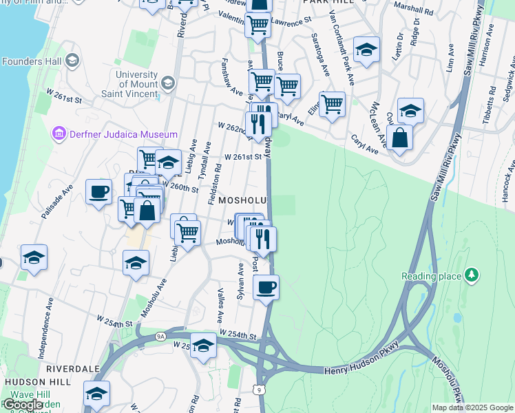 map of restaurants, bars, coffee shops, grocery stores, and more near 220 Whalen Street in Bronx