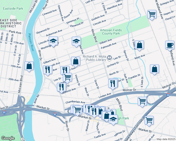 map of restaurants, bars, coffee shops, grocery stores, and more near 144 Miller Avenue in Elmwood Park