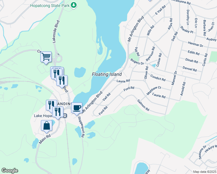 map of restaurants, bars, coffee shops, grocery stores, and more near 159 Mount Arlington Boulevard in Roxbury Township