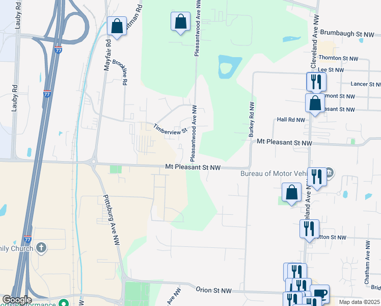 map of restaurants, bars, coffee shops, grocery stores, and more near 8510 Pleasantwood Avenue Northwest in North Canton