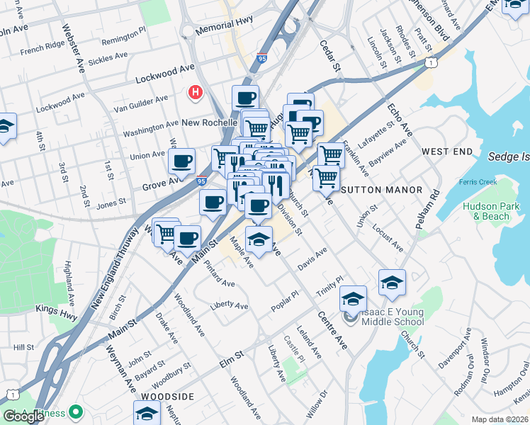 map of restaurants, bars, coffee shops, grocery stores, and more near 575 Main Street in New Rochelle