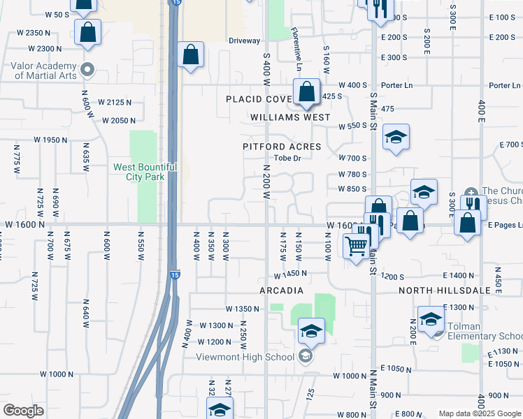 map of restaurants, bars, coffee shops, grocery stores, and more near 1728 Pages Place Drive in Bountiful