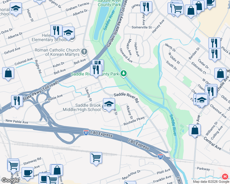map of restaurants, bars, coffee shops, grocery stores, and more near 432 Saddle River Road in Saddle Brook