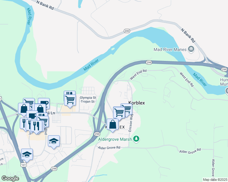 map of restaurants, bars, coffee shops, grocery stores, and more near 5610 West End Road in Arcata