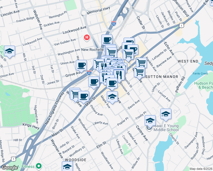 map of restaurants, bars, coffee shops, grocery stores, and more near 575 Main Street in New Rochelle
