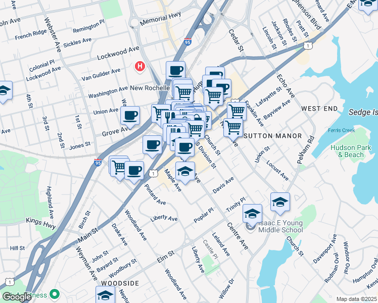 map of restaurants, bars, coffee shops, grocery stores, and more near 575 Main Street in New Rochelle