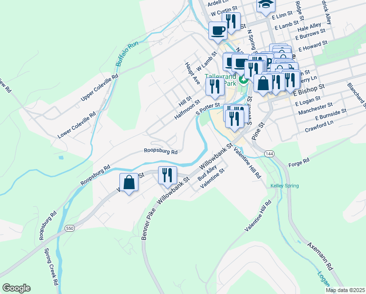map of restaurants, bars, coffee shops, grocery stores, and more near Slaughter House Road in Bellefonte