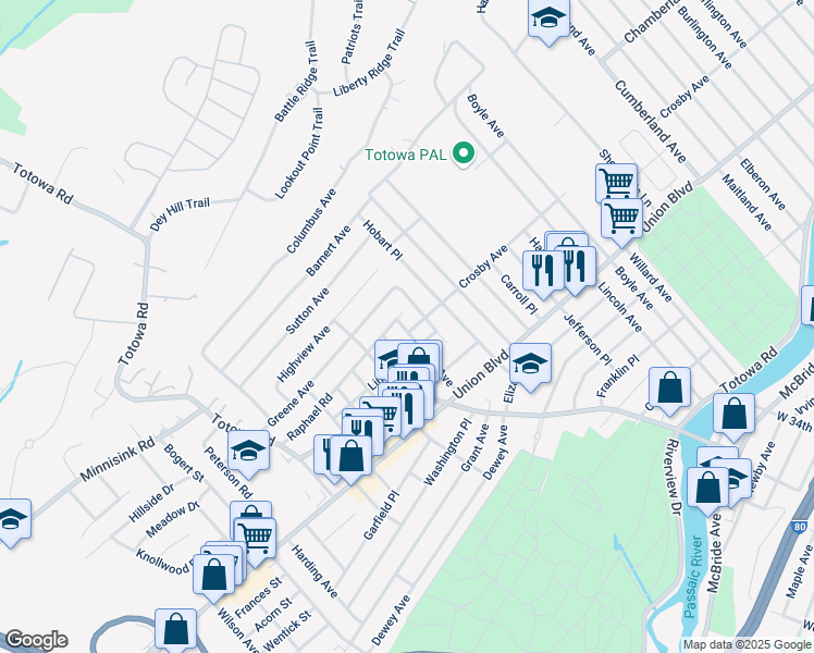 map of restaurants, bars, coffee shops, grocery stores, and more near 72 Tracy Avenue in Totowa