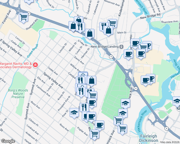 map of restaurants, bars, coffee shops, grocery stores, and more near 25 Zabriskie Street in Hackensack