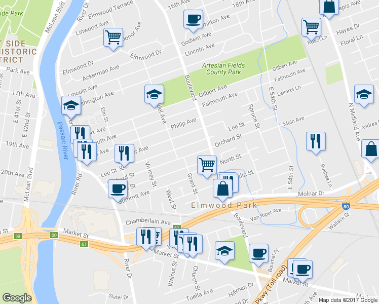 map of restaurants, bars, coffee shops, grocery stores, and more near 173 Lee Street in Elmwood Park