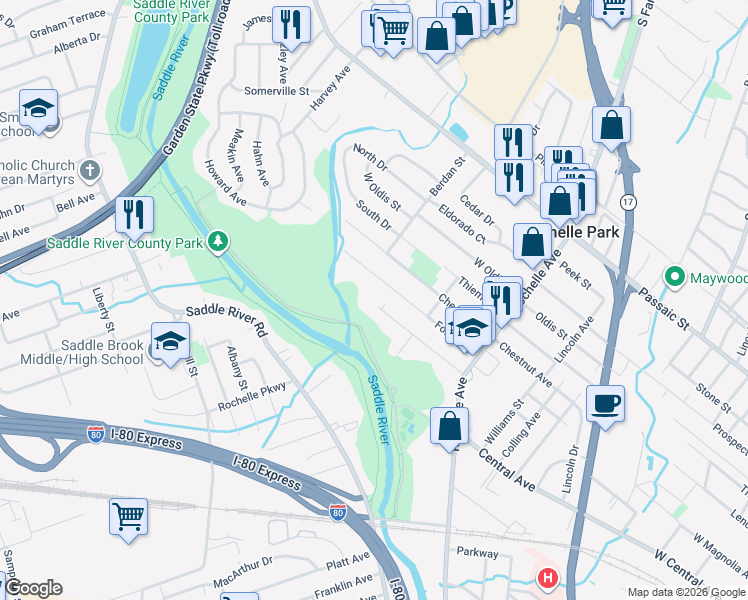 map of restaurants, bars, coffee shops, grocery stores, and more near 102 Terrace Avenue in Rochelle Park