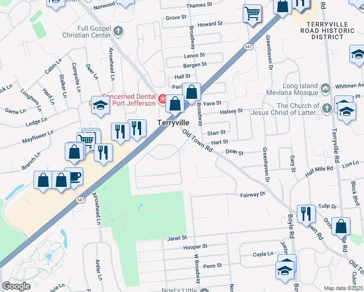 map of restaurants, bars, coffee shops, grocery stores, and more near 506 Old Town Road in Port Jefferson Station