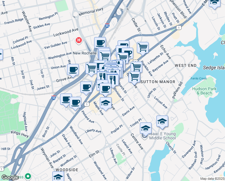 map of restaurants, bars, coffee shops, grocery stores, and more near 522 Main Street in New Rochelle