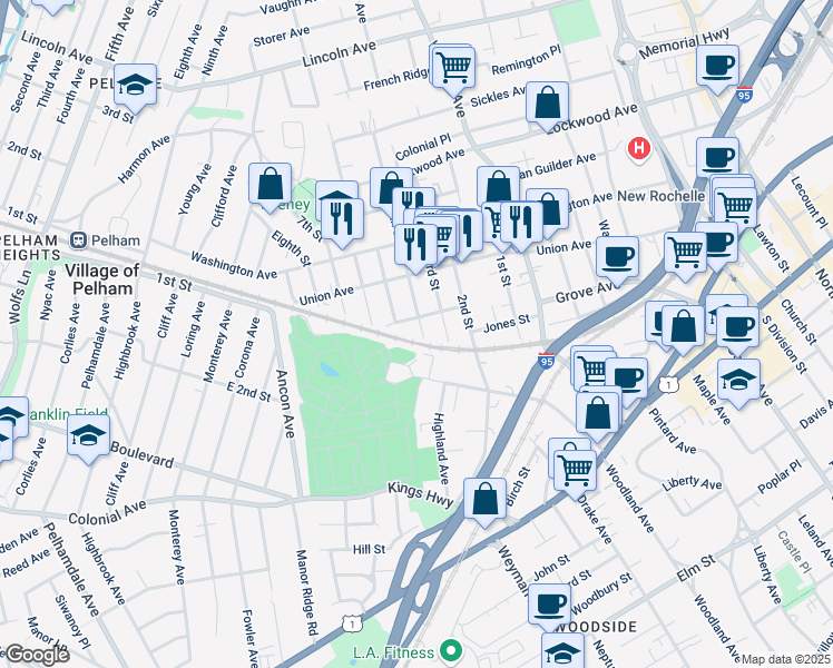 map of restaurants, bars, coffee shops, grocery stores, and more near 29 Lafayette Avenue in New Rochelle