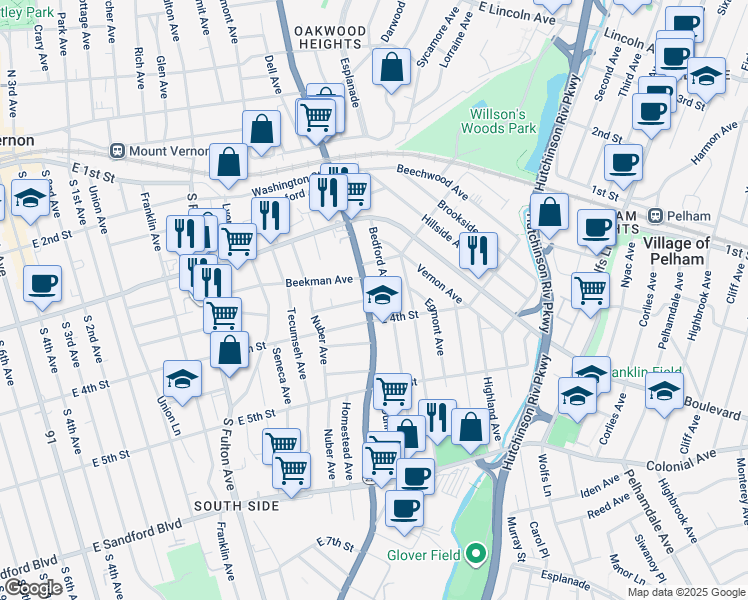 map of restaurants, bars, coffee shops, grocery stores, and more near 265 South Columbus Avenue in Mount Vernon
