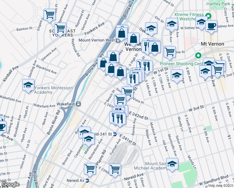 map of restaurants, bars, coffee shops, grocery stores, and more near in The Bronx