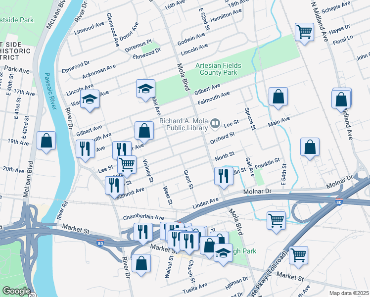 map of restaurants, bars, coffee shops, grocery stores, and more near 173 Lee Street in Elmwood Park