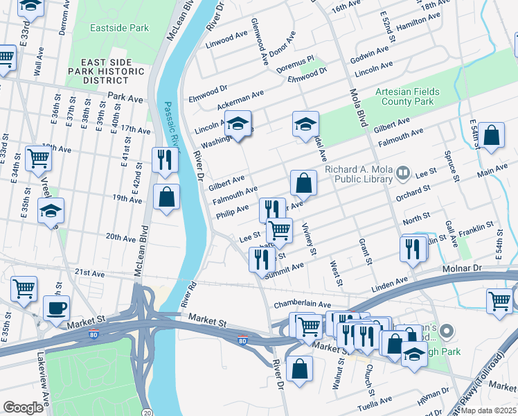 map of restaurants, bars, coffee shops, grocery stores, and more near 73 East Phillip Avenue in Elmwood Park