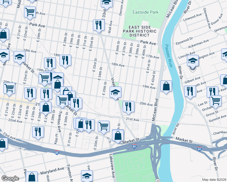 map of restaurants, bars, coffee shops, grocery stores, and more near 164 Vreeland Avenue in Paterson