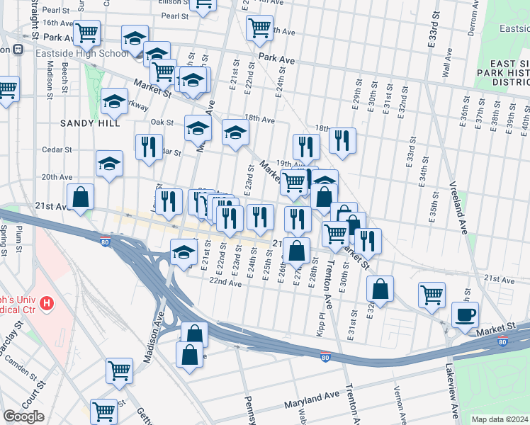 map of restaurants, bars, coffee shops, grocery stores, and more near 395 20th Avenue in Paterson