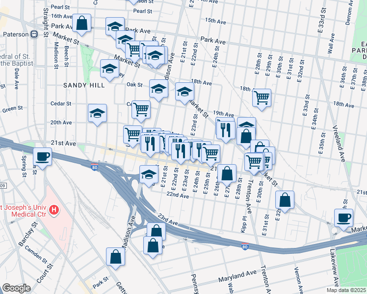 map of restaurants, bars, coffee shops, grocery stores, and more near 360 20th Avenue in Paterson