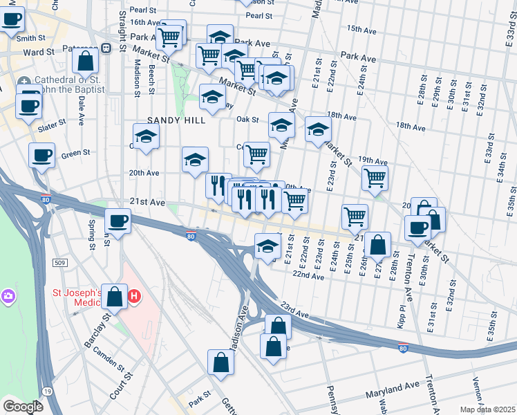 map of restaurants, bars, coffee shops, grocery stores, and more near in Paterson