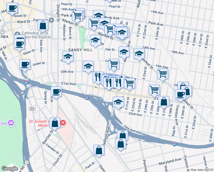 map of restaurants, bars, coffee shops, grocery stores, and more near in Paterson