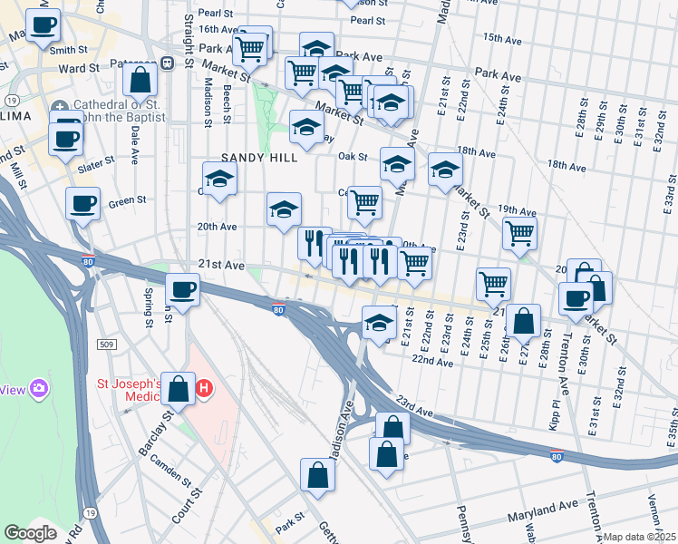 map of restaurants, bars, coffee shops, grocery stores, and more near in Paterson