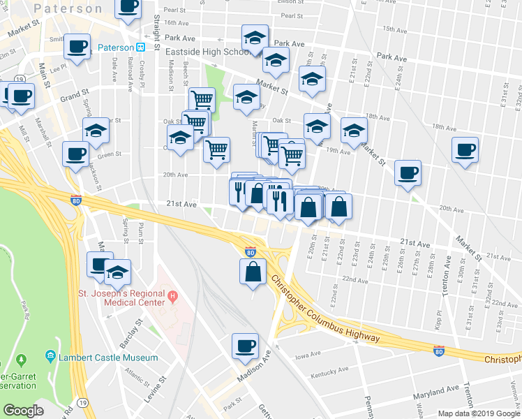 map of restaurants, bars, coffee shops, grocery stores, and more near 103 Martin Street in Paterson