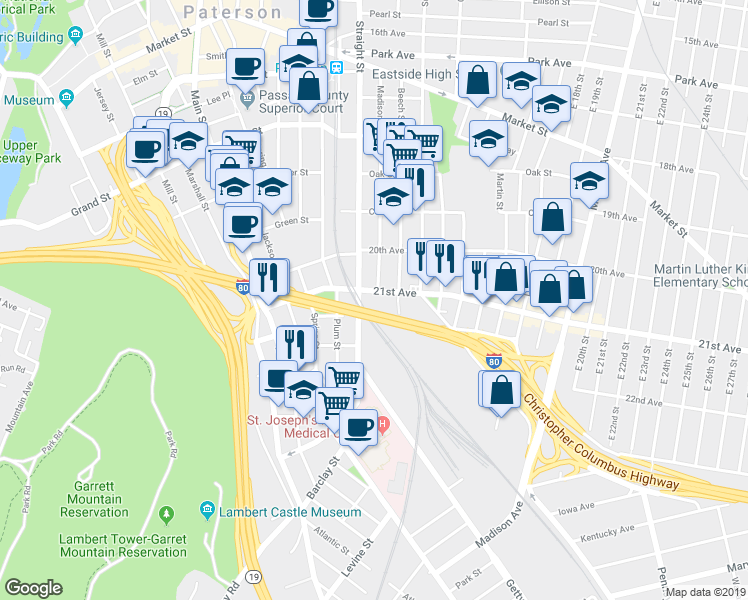 map of restaurants, bars, coffee shops, grocery stores, and more near 195 21st Avenue in Paterson