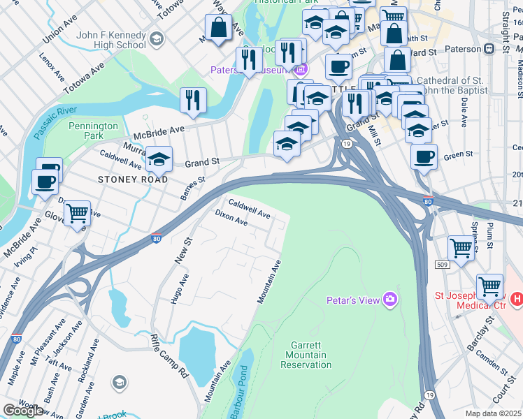 map of restaurants, bars, coffee shops, grocery stores, and more near 149 Summit Street in Paterson