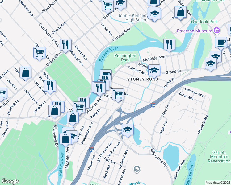 map of restaurants, bars, coffee shops, grocery stores, and more near 45 Danforth Avenue in Paterson
