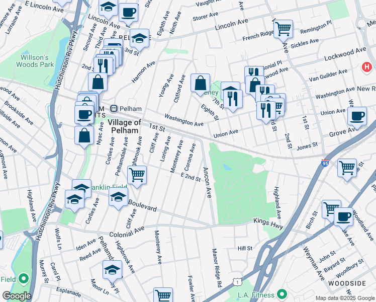 map of restaurants, bars, coffee shops, grocery stores, and more near 108 Monterey Avenue in Village of Pelham