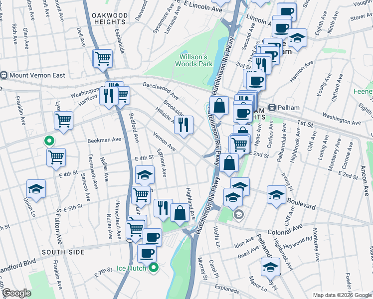 map of restaurants, bars, coffee shops, grocery stores, and more near 543 Martin Luther King Boulevard in Mount Vernon