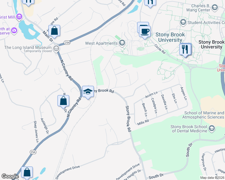 map of restaurants, bars, coffee shops, grocery stores, and more near 1541 Stony Brook Road in Stony Brook
