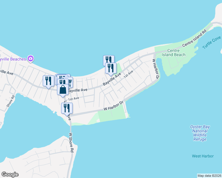 map of restaurants, bars, coffee shops, grocery stores, and more near 344 Bayville Avenue in Bayville