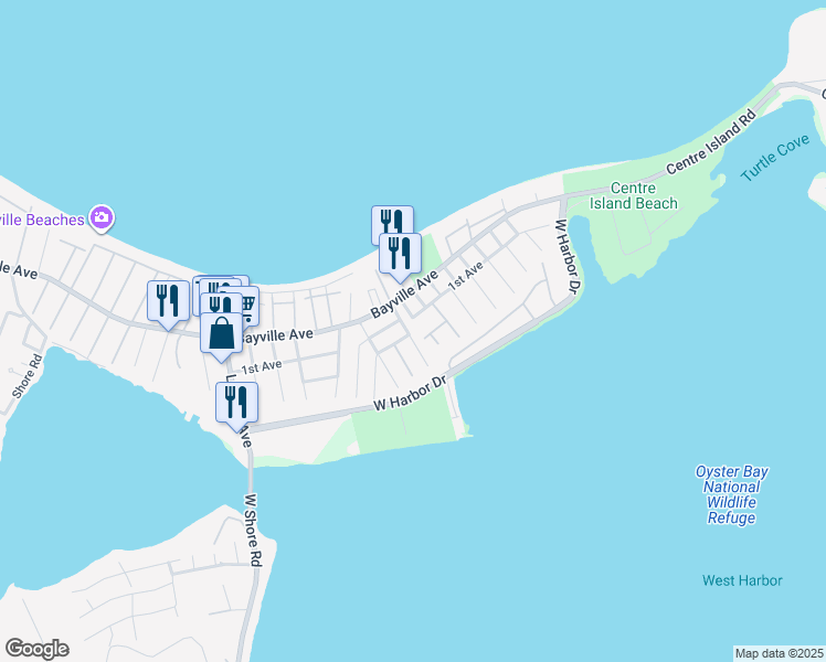 map of restaurants, bars, coffee shops, grocery stores, and more near 34 1st Avenue in Bayville